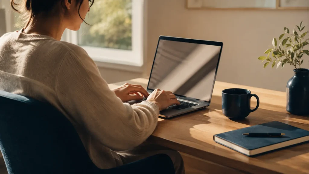 Persona trabajando tranquilamente en su negocio de servicios desde casa - hábitos que no se sostienen